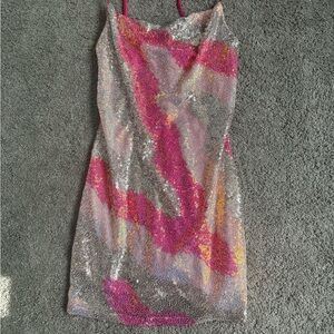 Fun pink silver fuchsia sequin party dress homecoming formal Taylor swift XS